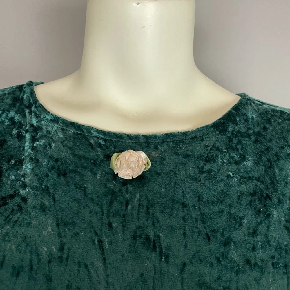 Vintage Crushed Velvet Babydoll Dress Green Christmas Girls Sz 14 Rosette Tiered